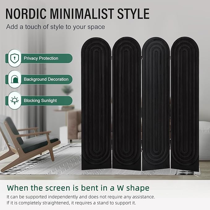 Room Divider and Folding Privacy Screen 4 Panel Wood Arched Room Divider Wall, Separators Divider for Room Separation, Folding Portable Partition Screen for Home Office Bedroom (Black)