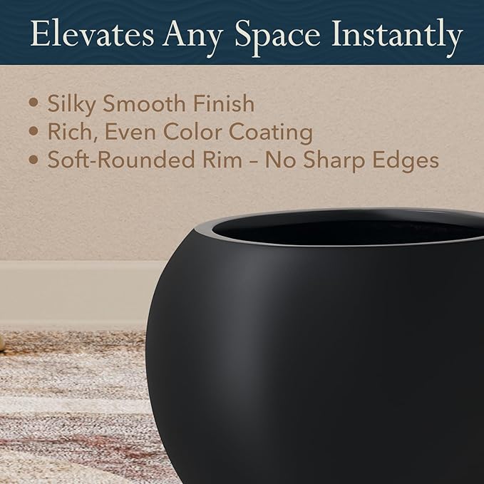 KUTE NEST 16" H x 20" D Premium Globo Fiberstone Round Planter with Drainage Hole, Smooth Finishes, Weather Resistant for Indoor and Outdoor Use, Included 2 Extra Coco Mats (Black, 13.5" Pot Opening)