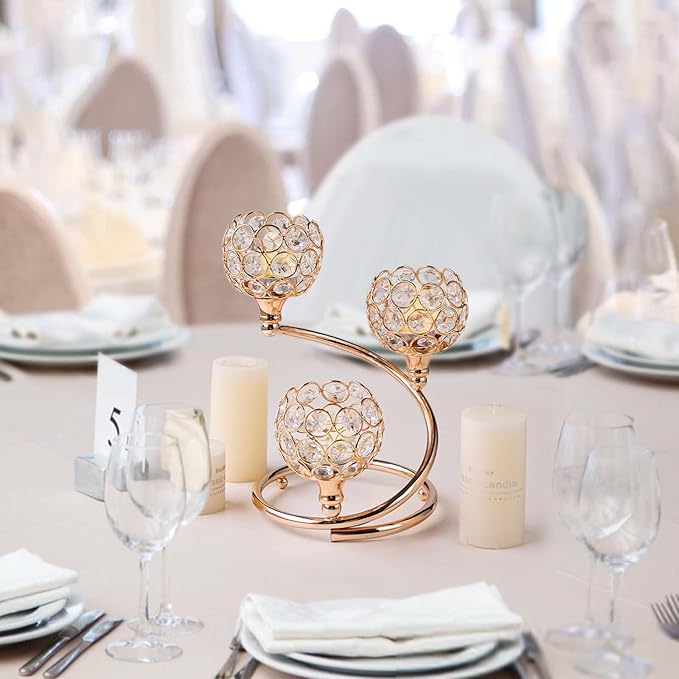 Gold Metal Crystal Candle Holder - Modern 3-Arm Tea Light Centerpiece with Sparkling Crystal Bowl, Elegant Table Decor for Weddings, Anniversaries, Dining & Parties