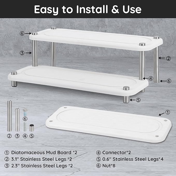 Segbeauty 2 Tier Instant Dry Counter Organizer, 11x4.3in Quick Dry Diatomaceous Earth Stone Drying Tray, Water Absorbing Stone Fast Drying Countertop Rack Sponge Soap Holder for Kitchen Bathroom White