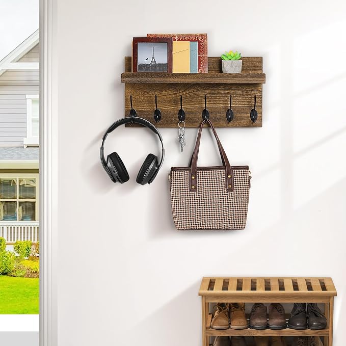 HRONRAD Coat Rack Wall Mount, 17” Wooden Key Holder for Wall, Farmhouse Shelf with Hooks for Hats Towels Clothes, Home Decor for Entryway, Bathroom, Kitchen, Rustic Brown