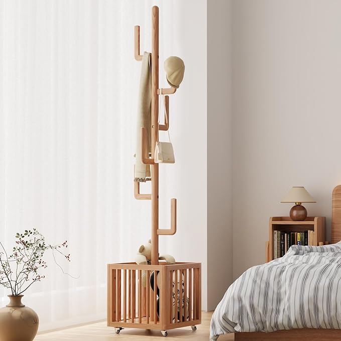 Solid Wood Cactus Coat Rack, Freestanding Coat Rack with 6 L-Shaped Hooks and Storage Basket, for Coats, Hats, Handbags, Coat Tree for Entryway, Bedroom, Living Room, Natural