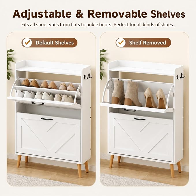 Shoe Cabinet Storage for Entryway, Narrow Slim Shoe Organizer with 2 Flip Drawers & Adjustable Shelves, Freestanding Space-Saving Shoe Rack for Hallway, Foyer (White)
