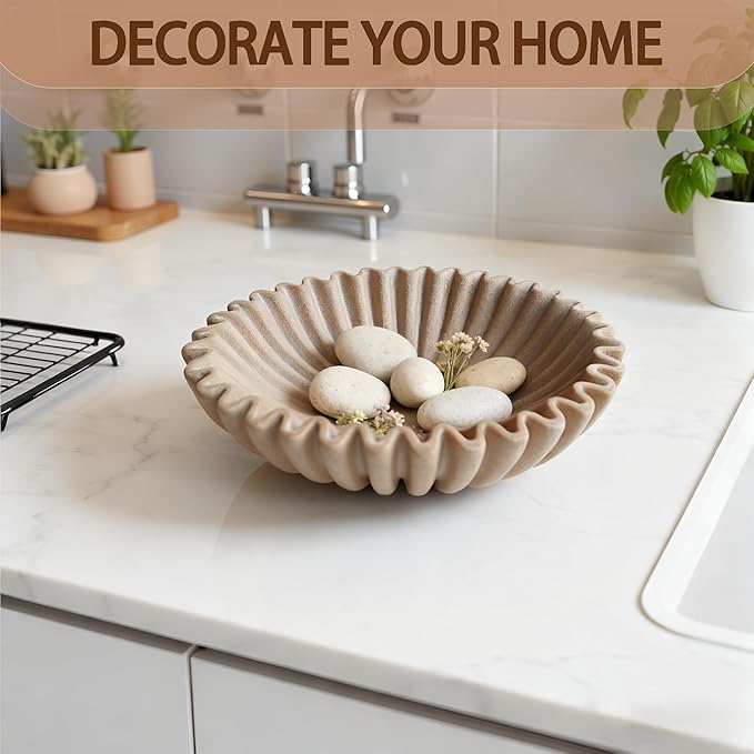10" Large Decorative Bowl decor, Scalloped Bowls for Modern Home Decor,Ruffle Decor,Stylish Key Bowl for Entry Table,Decorative Fruit Bowl for Kitchen Counter,Artificial Stone Beige