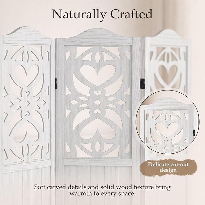 6 Panel Room Divider Fully Assembled, Carved Room Dividers and Folding Screens, 5.6Ft Wood Room Divider Screen Freestanding Partition Wall Dividers for Home Bedroom Office, Rustic White