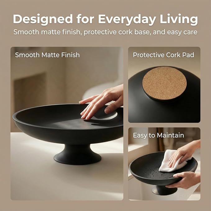 Black Concrete Fruit Bowl, Large Decorative Pedestal Bowl for Kitchen Counter, Modern Centerpiece Bowl for Coffee Table, Entryway Key Catch All Bowl, Black Home Decor