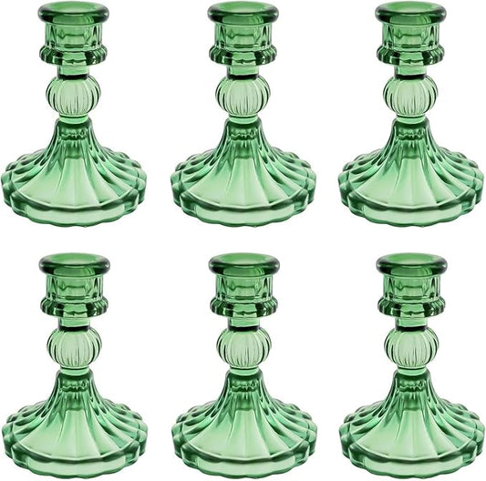 Glass Candlestick Holder,Striped Taper Candle Holders,Set of 6 Candle Stand for Table Centerpieces, Home Decor,Weddings,Festival and Parties (Green Stripe Pattern)