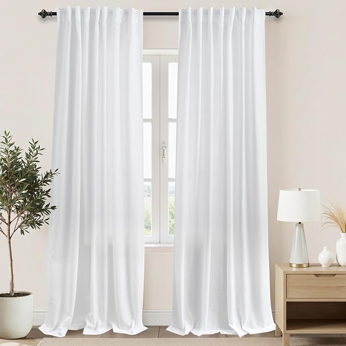 KOUFALL White Linen Curtains 132 Inches Long for Living Room Extra Long 2 Panels Set Boho Farmhouse High End Semi Sheer Light Filtering Large Window Curtain Drapes for Family Room,132 in Length,11 FT