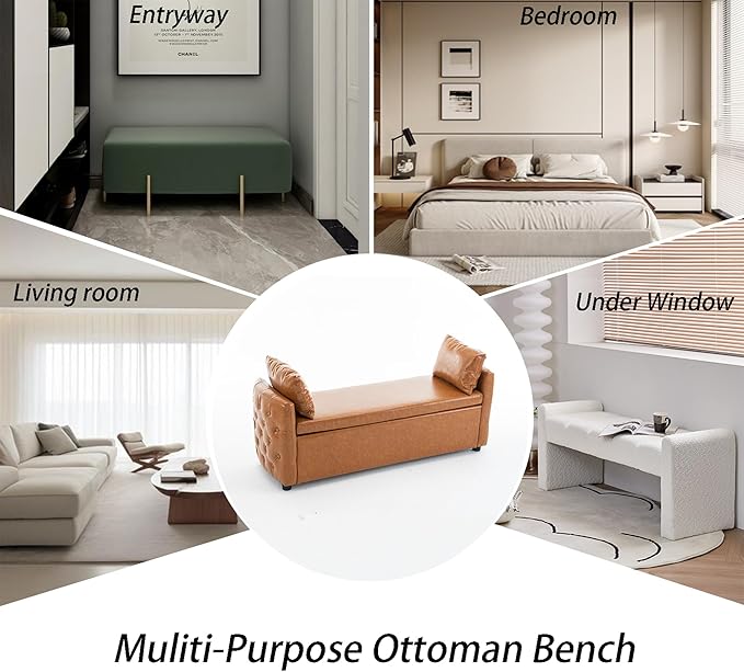 Storage Bench for Bedroom, 60" End of Bed Bench for King Size Bed,Tufted Bench Modern Upholstered Long Ottoman Bench with Arm (Camel Brown, Faux Leather-60 Wide)