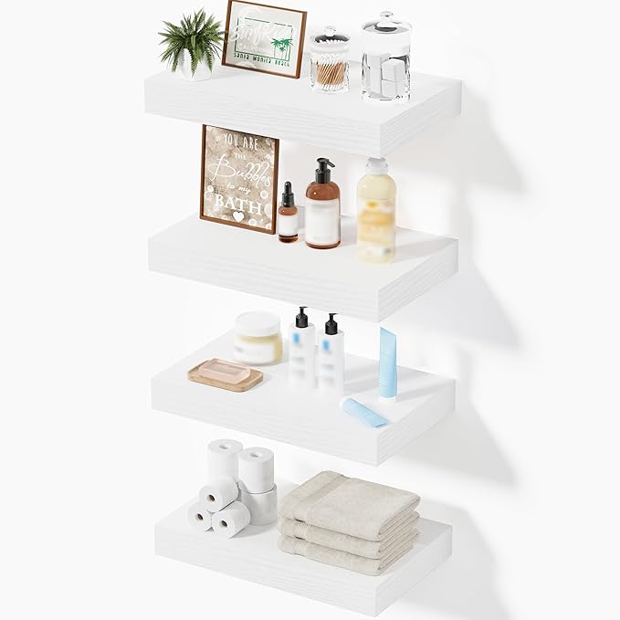 Floating Shelves for Wall, Set of 4 Wooden Wall Mounted Shelves for Bathroom Over Toilet, Bedroom, Kitchen, Living Room & Office, Modern Hanging Storage and Wall Decor, White, 12"x7"x1.5"