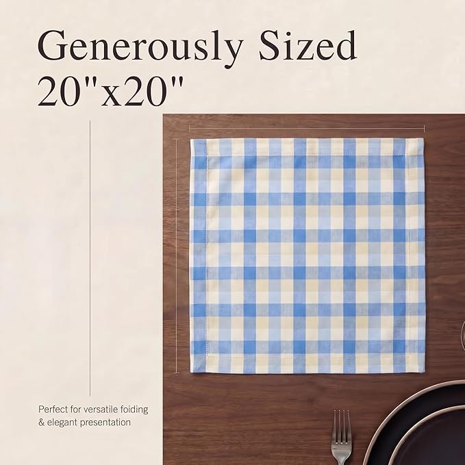Urban Villa Cloth Napkins 100% Cotton Highly Absorbent Washable Reusable Premium Dinner Napkins Ideal for Gifts for Mothers Day Hotel Farmhouse Parties - Blue Sand Checks (20" x 20", Set of 12)