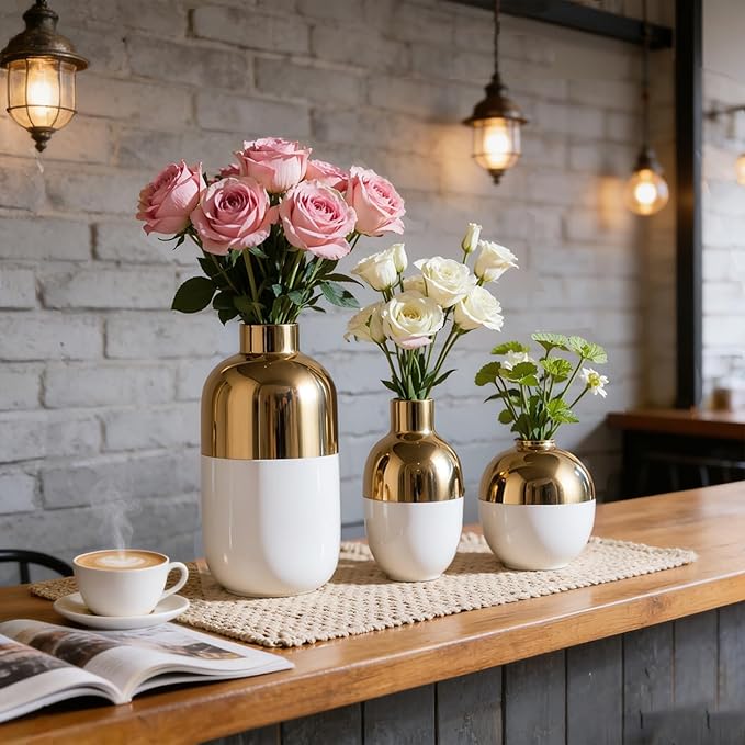 White & Gold Ceramic Vase Set of 3, Modern Round Circle Electroplated Two-Tone Decorative Vases for Pampas Grass, Dining Table Wedding Centerpiece, Living Room Bedroom Office Bookshelf