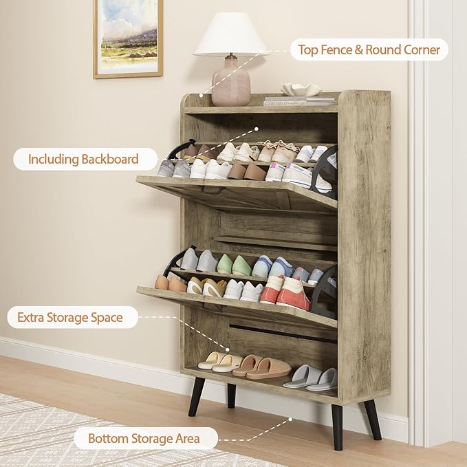 Shoe Storage Cabinet for Entryway, Large Shoe Cabinet with 2 Flip Drawers, Narrow Shoe Rack Cabinet, Slim Hidden Shoe Storage, Wooden Shoe Organizer Rack,Rustic Oak
