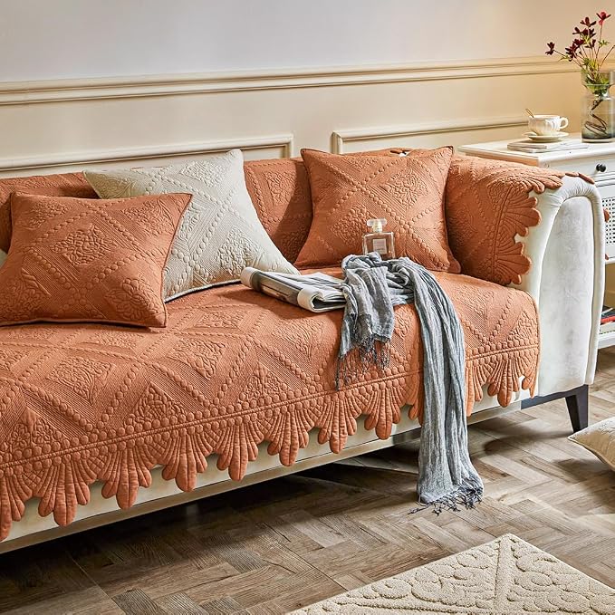 vctops Neutral Cotton Quilted Couch Sofa Cover Floral Embroidery Non-Slip Sectional Couch Covers Soft Cozy Sofa Slipcover for Dogs Cats Pet Armrest Backrest Cover (Brown Orange,43"x82")