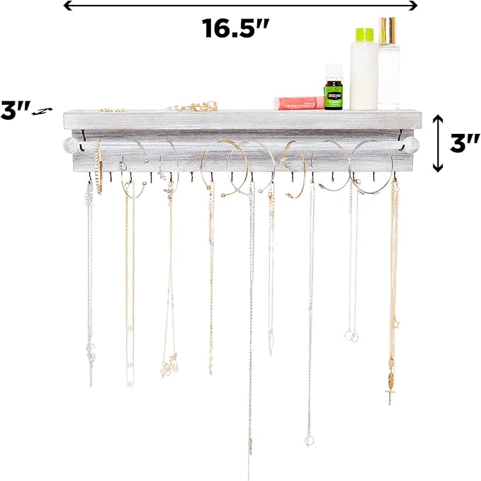 Rustic White Necklace Jewelry Organizer - Wall Mount Jewelry Holder - Mounted Hanging Jewelry Storage Hooks for Necklace, Earrings, and Rings - Farmhouse Wood Decor Bedroom Boho Shelf Rack