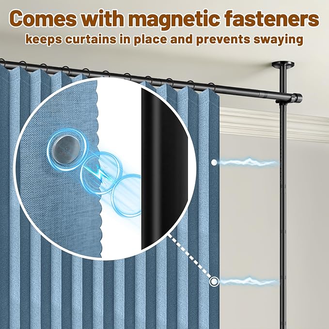 AJAZZ Room Divider Curtain (2 Panels, Blue, W100 x L84 in)+ Tension Curtain Rod No Drilling (H) 43-120×(W) 35-200 in, for Privacy/Soundproof Curtains, Heavy Duty Wall Separator