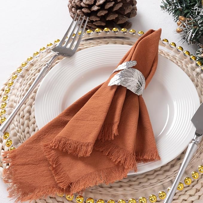 DeZerlor 6 Pack Terracotta Cotton Linen Napkins with Fringe Summer Cloth Napkins Set of 6 Boho Handmade Dinner Napkins Bulk for Wedding Bridal Baby Shower Parties, 17 x 17 Inches