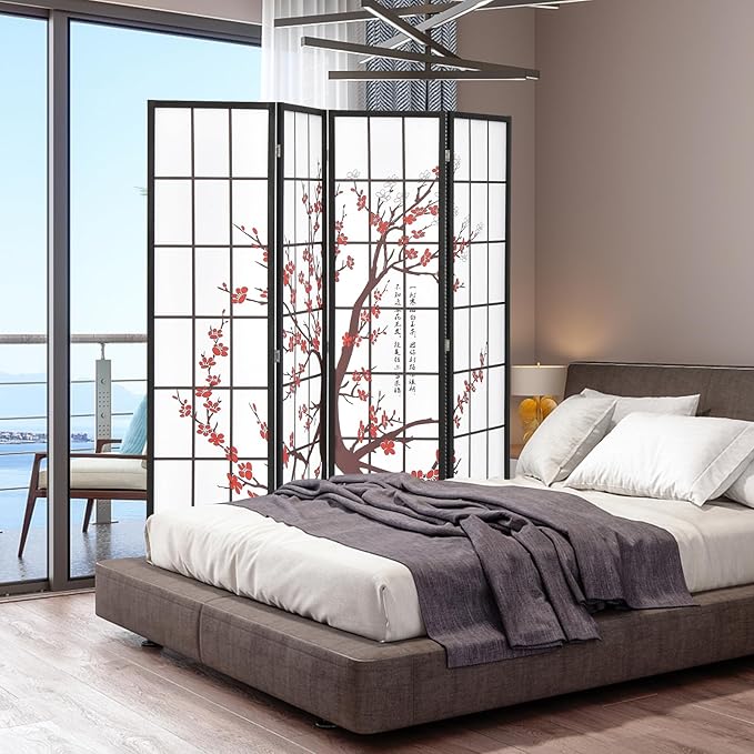 GOFLAME Japanese Style 4 Panel Room Divider, 6ft Folding Shoji Screen Room Partition with Plum Blossom Design, Solid Wood Frame, Freestanding Wall Divider, Indoor Room Separator for Home Office