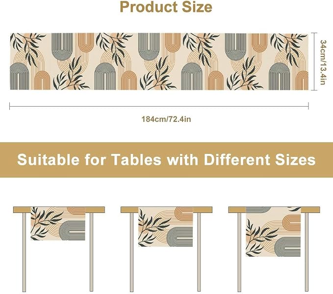 Mid Century Boho Table Runner, Abstract Geometric Arch Sun Tropical Leave Modern Table Runner for Kitchen Dining Indoor Outdoor Party Decor, 13x108 Inch