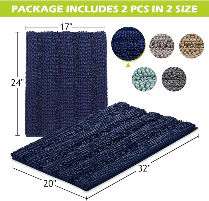 KGORGE Non-Slip Bathroom Rugs Set - Chenile Bath Mat Thick Shaggy Floor Cover Water Absorbent Quick Drying Shower Rug for Toilet Shower Kitchen, Navy Blue, 20" x 32" + 17" x 24", 2 Pcs