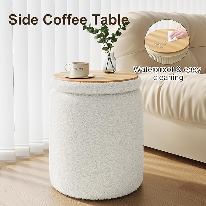 Round Boucle Ottoman with Storage Set of 2, White Ottoman Poufs for Living Room, Sherpa Storage Ottoman Stool, Cute Teddy Foot Rest, White Makeup Vanity Stool Chair, Small Coffee Table