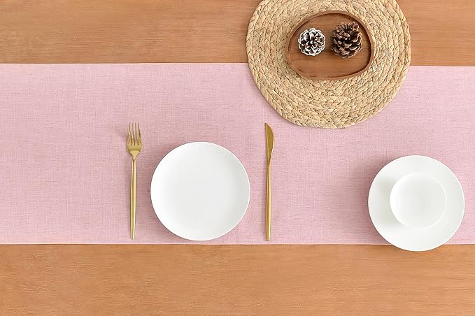 Wracra Linen Style Table Runner, Rustic Farmhouse Pink Table Runners 108 Inches Long, Handcrafted Table Runner for Fall, Winter - Everyday Use and Machine Washable