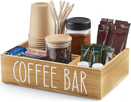 ALELION Brown Coffee Station Organizer - Wood Coffee Bar Accessories Organizer with Removable Dividers for Pods Condiment Syrup Tea Cups Stirrers - for Farmhouse Coutertop Decor