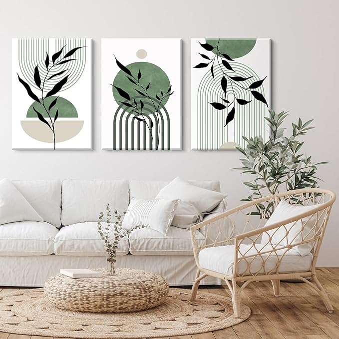 Mid Century Modern Wall Art Set of 3 Sage Green Canvas Wall Art Boho Prints Green Wall Decor Black Beige Abstract Wall Art Picture Mid Century Painting for Home Bedroom 12x16 Inch Wrapped Canvas
