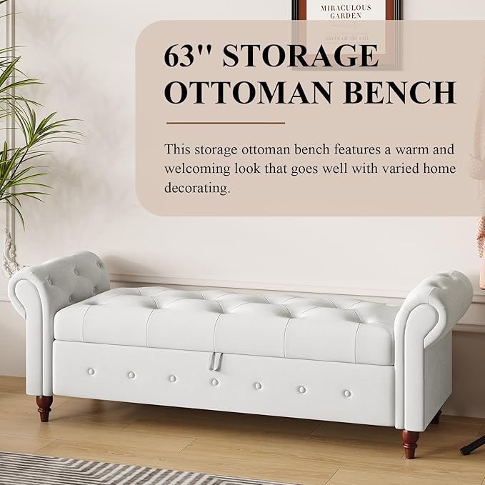 Modern 63'' Storage Ottoman Bench, Upholstered End Bed Bench with Curved Armrest, Button Tufted Entryway Bench with Wood Legs, Bed Bench for Bedroom, Living Room, Hallway (Cream White)
