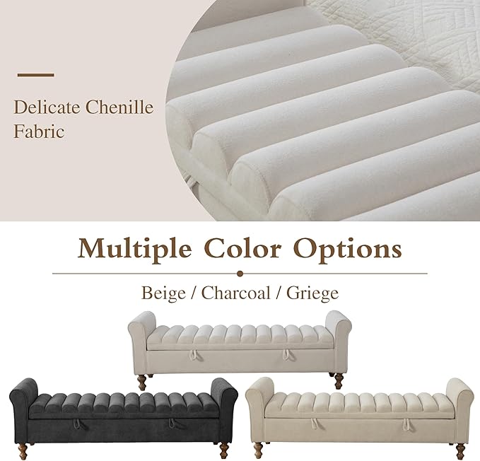 Chifee & Vingol 65" Storage Ottoman Bench Upholstered End of Bed Bench Modern Entryway Benches Window Benches for Bedroom Living Room Entryway,Beige