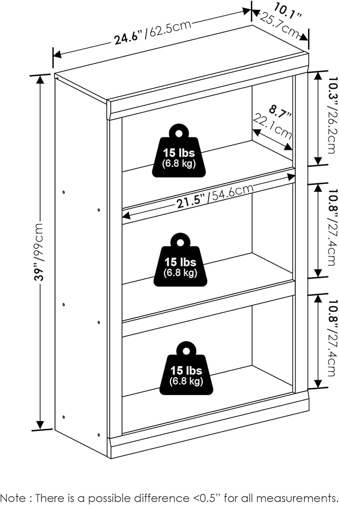 Furinno Rail Book Shelf, 3-Tier Bookshelf, Bookcase with Open Shelf, 10.1 x 24.6 x 39, for Living Room, Bedroom, Home Office, Blackwood