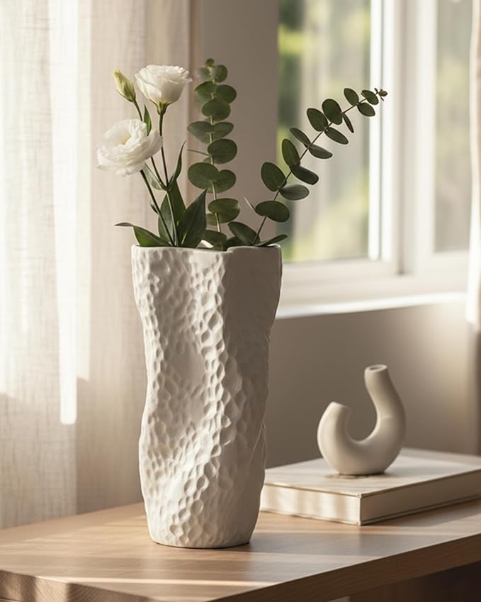White Matte Ceramic Vase, 9.9 Inch Organic Nature Trunk Shape, OOSTONEE Modern Wabi Sabi Unique Flower Vase for Home, Living Room, Bedroom, Dining Table, Centerpiece Decor