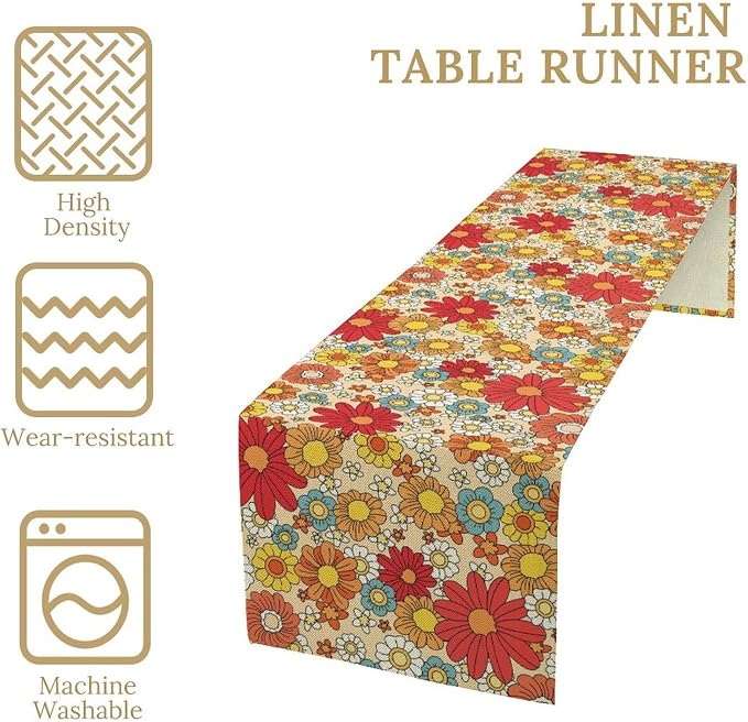 Hippie Floral Table Runner Groovy 1970s Vintage Colorful Rural Flower Retro Floral Printed Table Runner for Living Room Kitchen Dining Table Decoration 13x36in