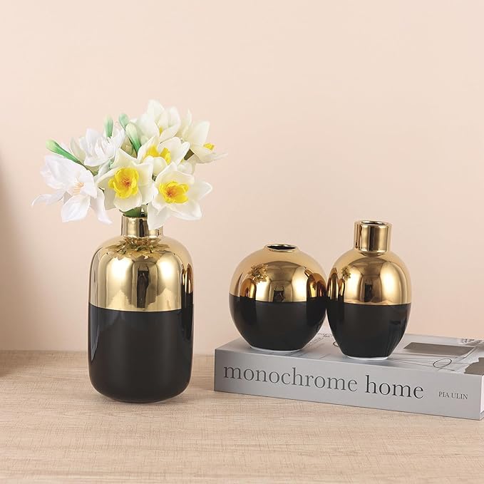 Black & Gold Ceramic Vase Set of 3, Modern Round Circle Electroplated Two-Tone Decorative Vases for Pampas Grass, Dining Table Wedding Centerpiece, Living Room Bedroom Office Bookshelf