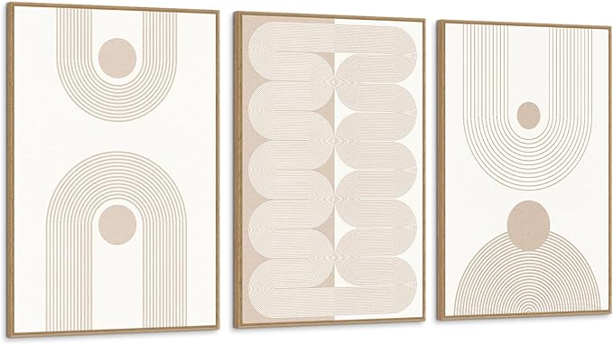 SAFERRYHOME Large Boho Abstract Wall Art Set of 3, Mid Century Neutral Framed Canvas Print Beige Modern Wall Decor, Geometric Line Artwork for Living Room Bedroom Office,Ready to Hang, 24"x36"