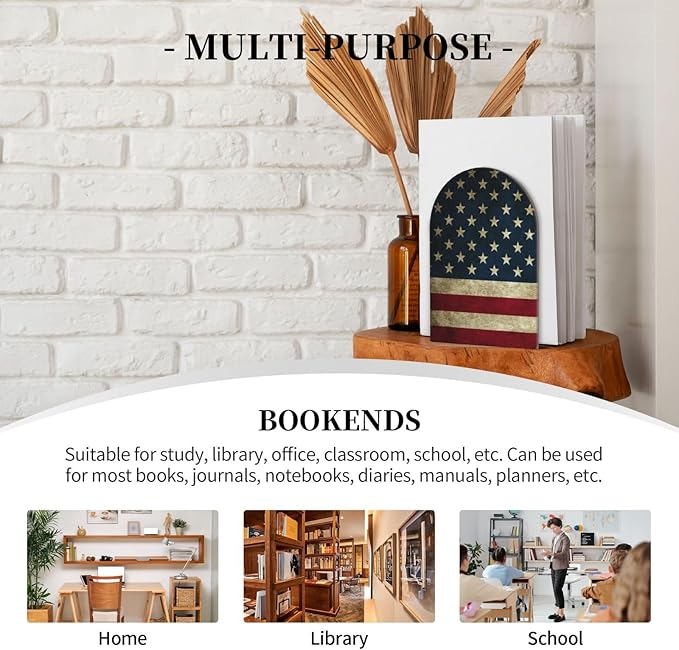 Ouqiuwa Vintage American Flag Wood Book Ends L-Shaped for Shelf Holders 2 Pcs, US Flag Book Organizers 4.2 * 6.7 Inches Decorative for Home Office Library