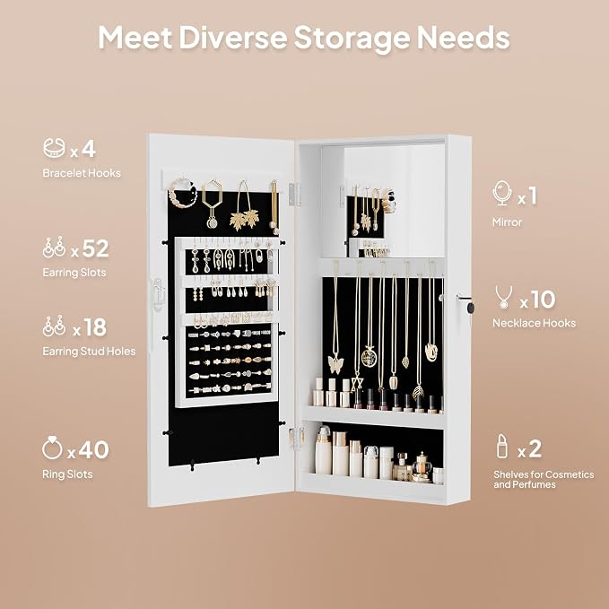 Bonnlo Jewelry Armoire with Photo Frame, 23.62 x 11.81 x 3.55 inch, Small Storage Jewelry Cabinet Organizer, Wall Mount (White)，Chic Bedroom Furniture & Gift for Women