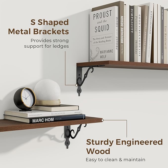 RICHFOCUS Floating Shelves for Wall Decor, 39.4W x 8D Shelves Set of 2, 8 Inch Deep Rustic Wood Shelves Wall Mounted with Brackets, Long Floating Shelves for Living Room Bedroom Kitchen, Walnut