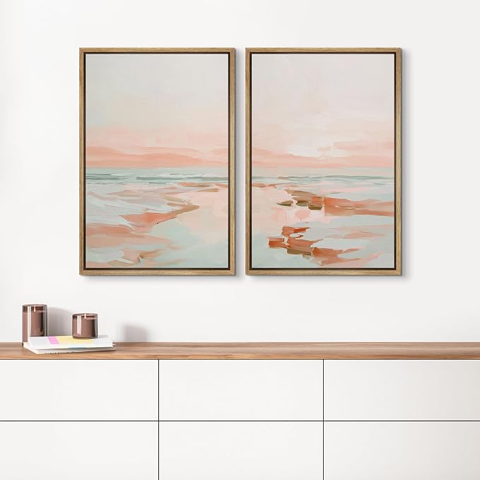 SIGNLEADER Framed Canvas Print Wall Art Set Soft Abstract Coastal Seascape Pastel Beach Landscape Illustrations Modern Relax/Calm for Living Room, Bedroom, Office - 24"x36"x2 NATURAL