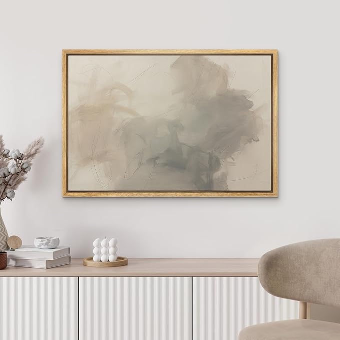 MUDECOR Framed Canvas Print Wall Art Calm Beige Modern Abstract Cloud Form Illustrations Minimalism Decorative Bohemian Zen for Living Room, Bedroom, Office - 24"x36" NATURAL