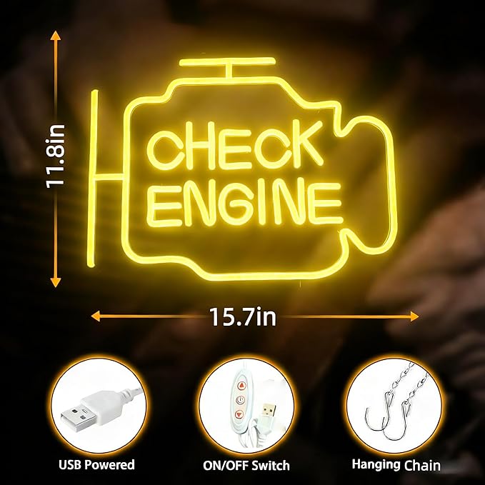 Check Engine Light Neon Sign for Man Cave & Garage, Large Size LED Wall Art, USB Powered, Funny Gift for Dad, Car Guys on Birthday & Father‘s Day - 15.7x11.8in Yellow Sign