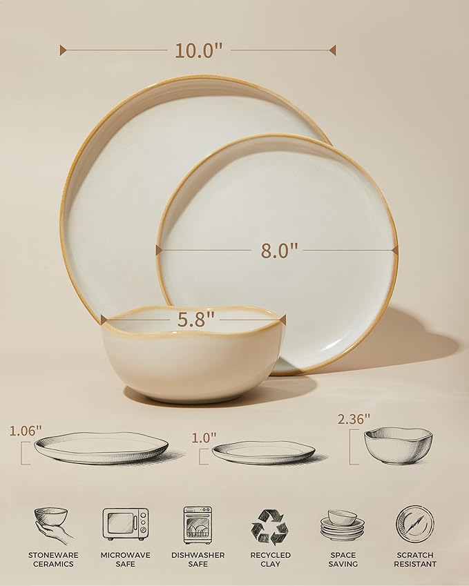 Pokini Plates and Bowls Sets for Family of 6, Ceramic Dinnerware Sets, Kitchen Dish Set, Microwave & Dishwasher Safe Dishware, Highly Durable Reactive Glazed Dinner Set, Yellow White