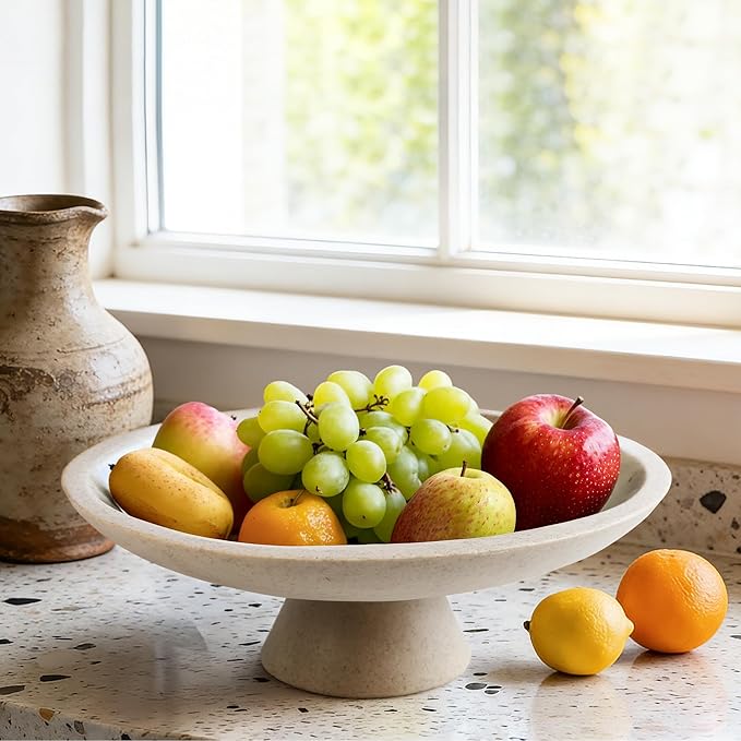 Large Modern Decorative Bowl for Home Decor Fruit Organic Catch All Key Kitchen Entryway Shelf Coffee Table With Pedestal,Artificial Stone Beige