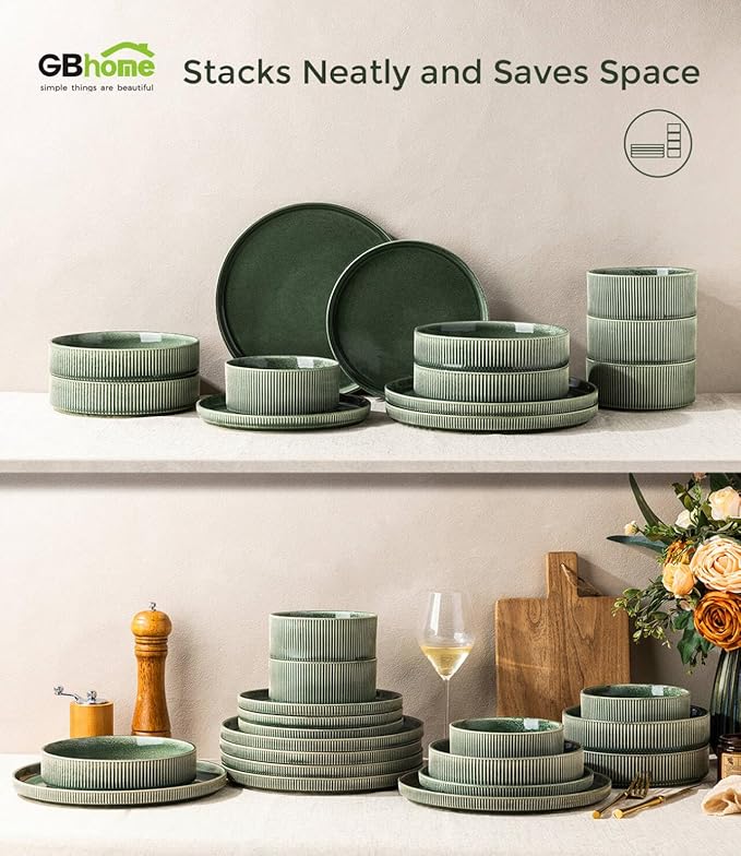 GBHOME 18-Piece Stoneware Dinnerware Set for 6 – Ribbed Ceramic Plates and Bowls, Scratch-Resistant, Microwave & Dishwasher Safe, Reactive Glaze, Dark Green