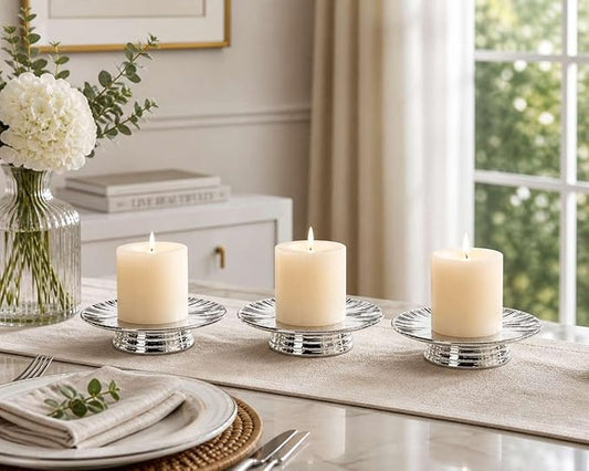 ADAVAS.Y&G Ceramic Silver Candle Plate Set, 3-Piece – Decorative Candle Holder Tray for Pillar Candles, Jewelry, Trinkets or Bathroom Counter – Elegant Silver Finish for Tabletop & Home Décor