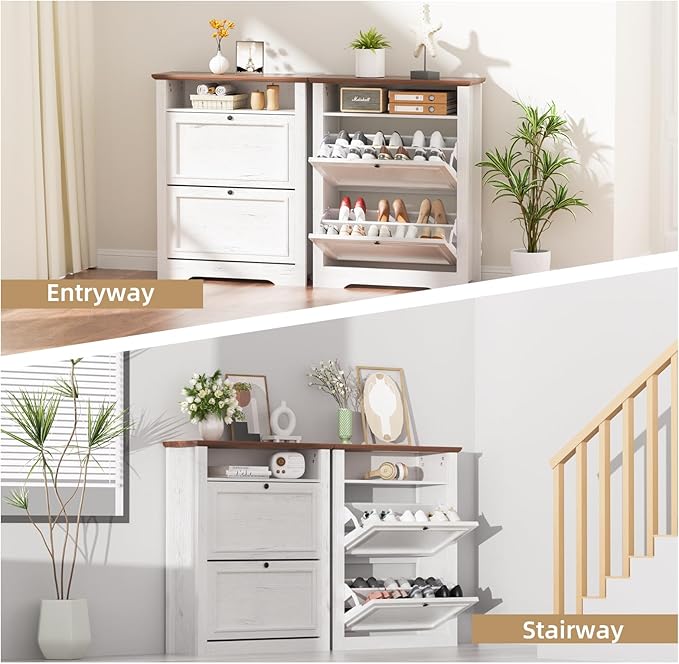 39" Farmhouse Shoe Storage Cabinet with 2 Flip Drawers and Adjustable Entryway Shelves, Hidden Shoe Organizer, White Walnut