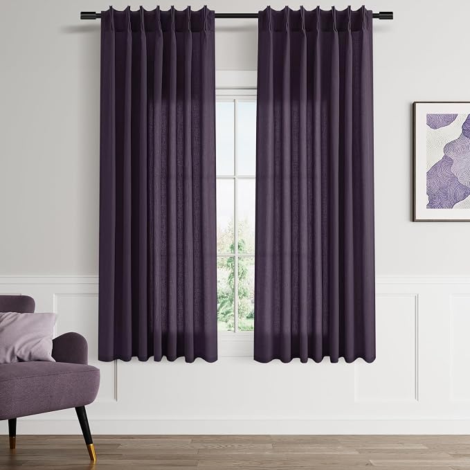 Aersas Plum Pinch Pleated Linen Curtains 63 Inch Length 2 Panels for Living Room Bedroom Semi Sheer Window Curtain Boho Neutral Back Tab Pinch Pleat Drape with Hooks 40x63