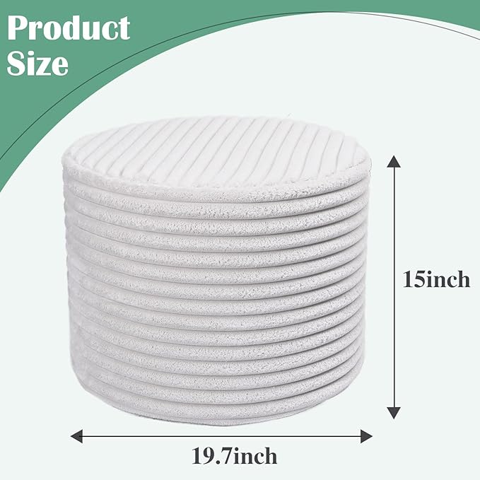 Round Pouf Ottoman, Stuffed Floor Pouf with Foam Chunk Filling, Soft Coral Fleece Furry Foot Rest Stool, Multi-Use Ottoman for Living Room, Wide Stripe Boho Decor, White