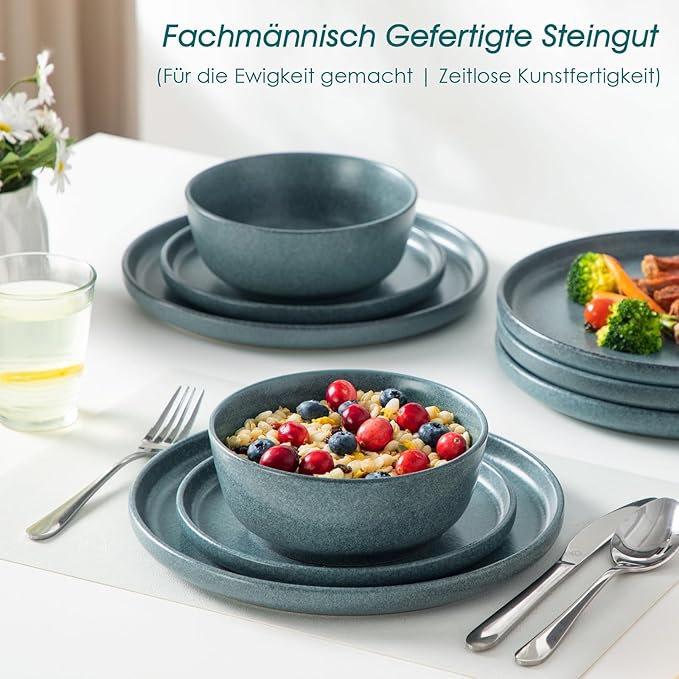 vancasso Plates and Bowls Sets, 24 Pieces Stoneware Dinnerware Set for 8, Ceramic Dish Set for Kitchen, Microwave and Dishwasher Safe, Smoky Teal, Series ZERMATT