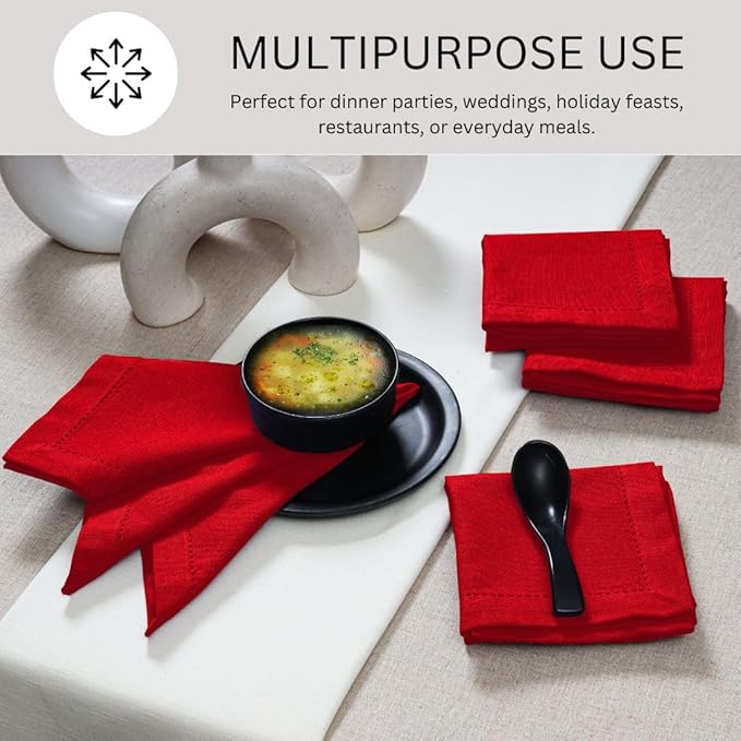 Hemstitch Cloth Dinner Napkins 100% Cotton Set of 12 - for Dining Special Occasions Weddings Parties Holidays Easter - Soft Durable Reusable - Elegant 18x18 Inch Table Cloth Napkins Red